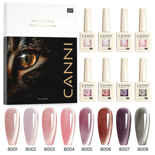 CANNI HEMA FREE Gél Lakk Szett – 8 szín No.01 – Shimmer Velvet Kollekció + mágnes
