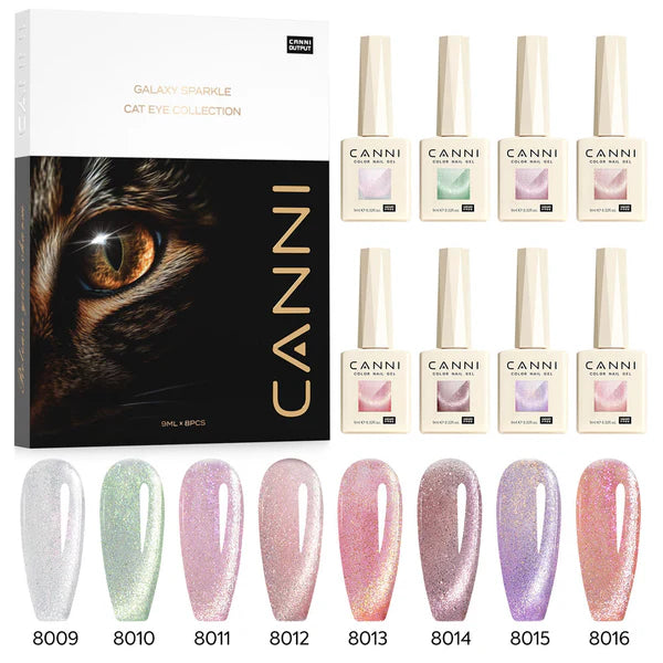 CANNI HEMA FREE Gél Lakk Szett – 8 szín No.02 – Pink Planet Cat Eye Kollekció + mágnes