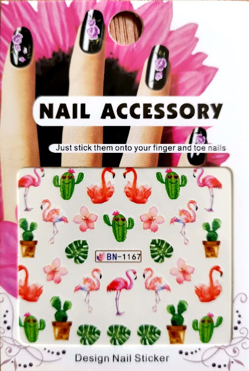 Vizes Körömmatrica BN-1167/Flamingó, kaktusz és virágok/