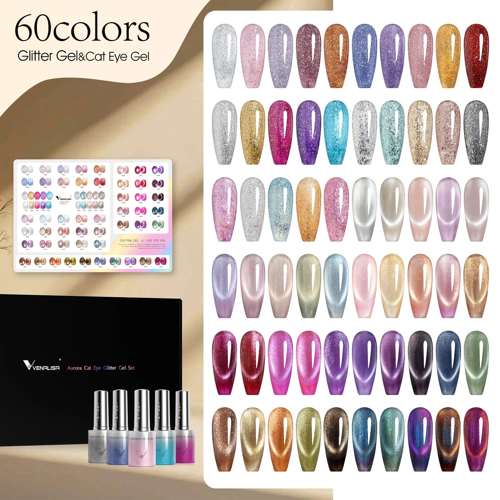Venalisa HEMA FREE Aurora Cat Eye & Glitter UV/LED Gel-Lack Set – 60 Farben