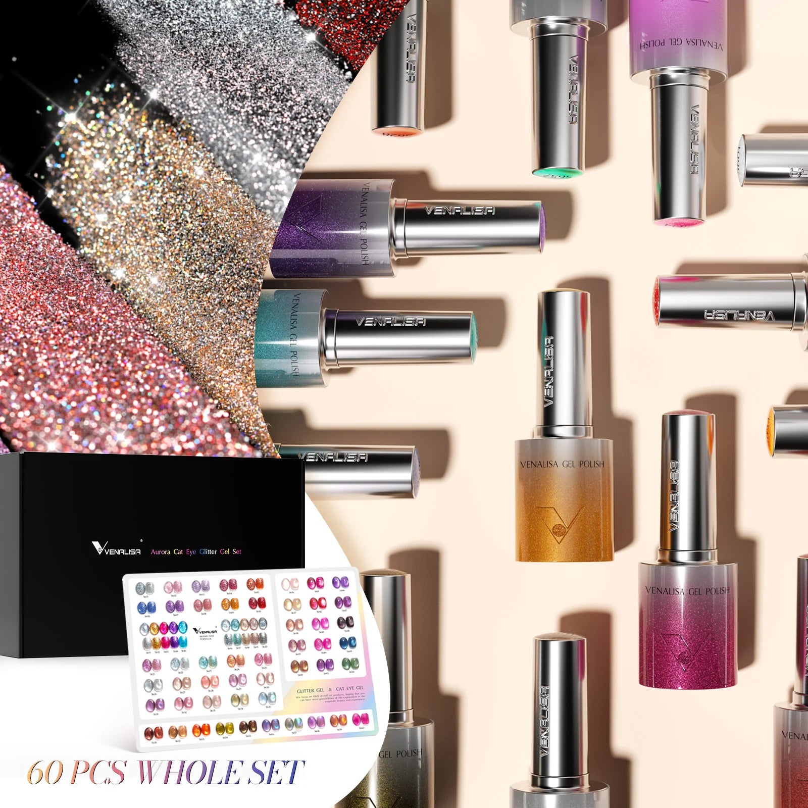 Venalisa HEMA FREE Aurora Cat Eye & Glitter UV/LED Gel-Lack Set – 60 Farben