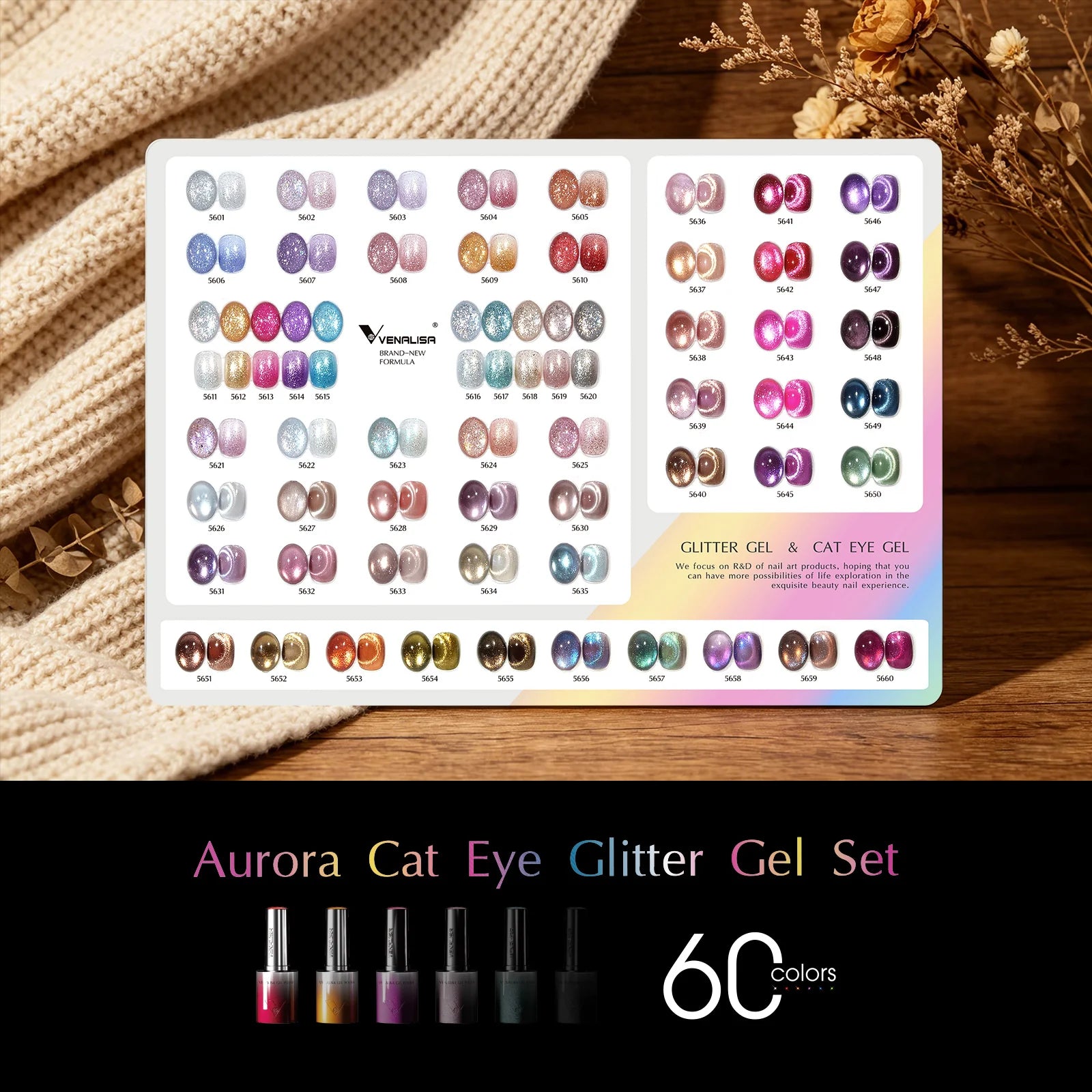 Venalisa HEMA FREE Aurora Cat Eye & Glitter UV/LED Gel-Lack Set – 60 Farben